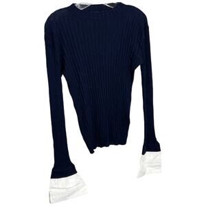 Edition MO & Co. Women's Size XL Sweater Navy Ribbed Wool White Cuffs